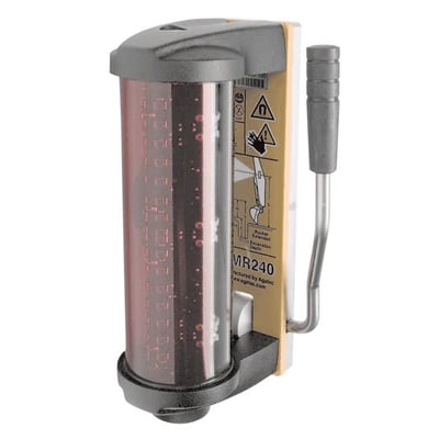 Leica LMR240 maskinstyringssensor med magnetisk beslag, viser detaljer på siden med advarselssymboler og monteringsvejledning.