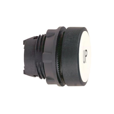 Schneider Electric Harmony Style 5 trykknap, hvid med sort "UP" symbol, Ø 22 mm, monteringsdetaljer synlige.