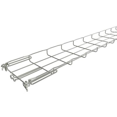 Detaljeret vinkel af Legrand gitterbakke FC med Fasclic+ samlesystem og sikkerhedskant, fremstillet af rustfri 316L.
