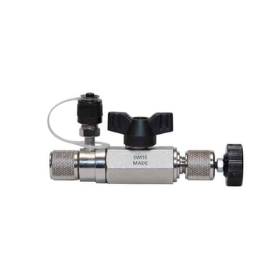 Refco ventilværktøj til Schrader-ventilkegler, model 32525, med sølvfarvet metalhus, sorte drejegreb og 1/4" SAE-tilslutninger.