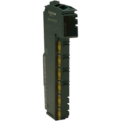 Schneider Electric Modul TM5 4DI med 4 digitale indgange og 100-240VAC forsyning i sort hus, vist fra siden.