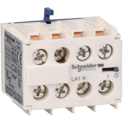 Hjælpeblok LA1KN for Schneider Electric K-serie, viser 3 slutte (NO) og 1 bryde (NC) kontakter med skruetilslutning i hvidt plast.