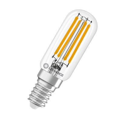 Ledvance T26 LED-filamentpære til køleskab med klar, aflang glaskolbe, synlige filamenter og E14-fatning.