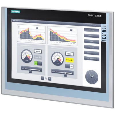 Simatic TP1500 Comfort-touchpanel med 15-tommers bredformatsskærm, vist skråt forfra med betjeningsgrafik på displayet.