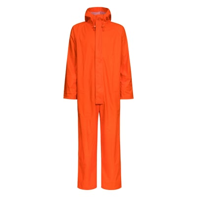 Lyngsøe Rainwear brandhæmmende regndragt FR-LR13-05 i størrelse L, fremstillet af PU materiale i klar orange farve.