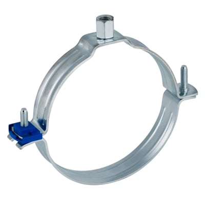 Geberit 90 mm rørbærer i metal med M8/M10 gevind og blå klemme, der holder et rør på en hvid baggrund.