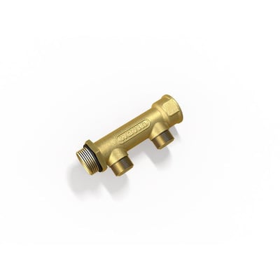 Wavin messing fordelerrør set fra siden, med tydelige 3/4" indgang og to 1/2" udgange.