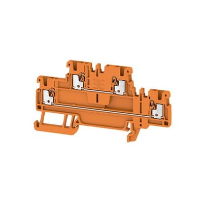 Orange Weidmüller A2T 1.5 OR gennemgangsklemme med to niveauer, set skråt forfra.