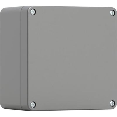 Grå aluminium klemkasse på 64x58x36mm med polyurethanpakning og synlige rustfri stållågskruer.