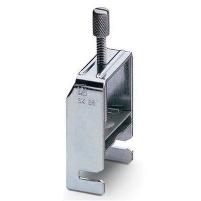 Detaljeret billede af Phoenix Contact SK 35 skærmklemme, der viser dens robuste metalstruktur og skruemekanisme for tilspænding.