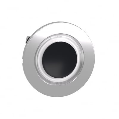 Schneider Electric lampetrykhoved til flush montage, hvid farve med lysende LED-ring og mørk centerflade.