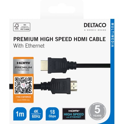Deltaco Premium high speed HDMI-kabel på 1 meter i sort ses på emballagen med begge stik og mærkning for 4K ved 60 Hz.
