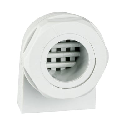 Detaljebillede af Schneider Electric Climasys udluftning, viser den indvendige rist og udvendige gevind.