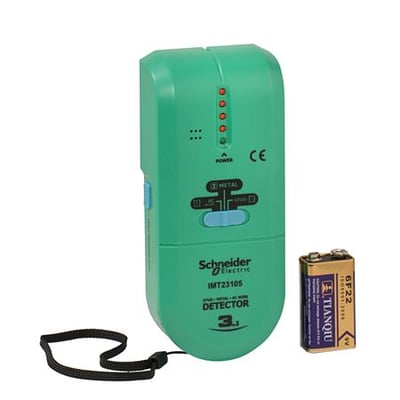 Lauritz Knudsen Blist 3-i-1 led detektor i grøn plast med knapper, lysindikatorer og et 9V batteri ved siden af.