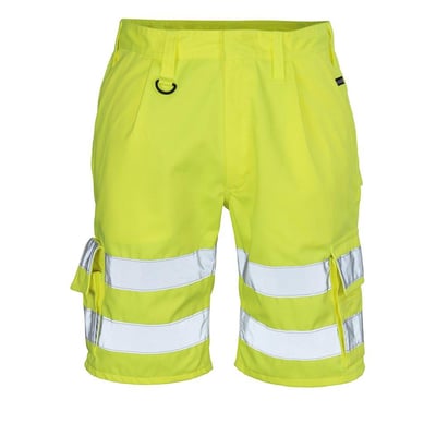 Bagfra af Mascot Pisa HI-VIS shorts i gul, viser baglommer, reflekser og D-ring for øget synlighed og funktionalitet.