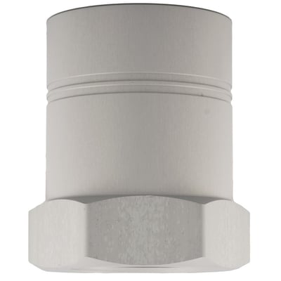 Grå reduktion med indvendigt gevind i 1½" på hvid baggrund, viser den sekskantede flange og to riller på røret.