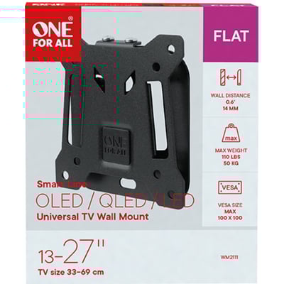 One For All WM2111 fladt TV-beslag i sort, til skærme 13-27 tommer, VESA 100x100 mm og 50 kg max vægt.