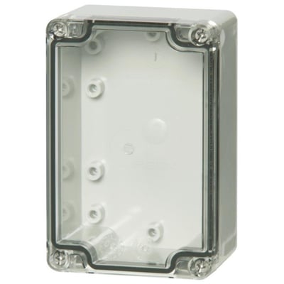 Nærbillede af Fibox Euronorm II monteringskasse, viser det lysegrå polycarbonatmateriale og det gennemsigtige låg.