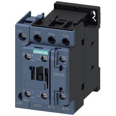 Siemens SIRIUS 3RT23 kontaktor, 4-polet, 35A, 400V, med skrueterminal og 24V AC spole, vist med nummererede terminaler og mærker.