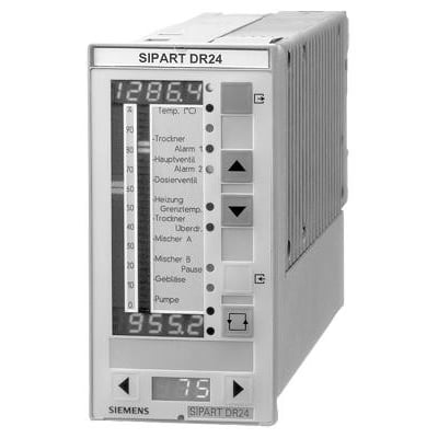 Siemens SIPART DR24 multi-funktions enhed med digitalt display og kontrolknapper på frontpanelet, viser temperaturværdier og statusindikatorer.