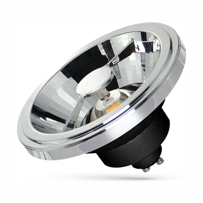 SpectrumLED AR111 LED-pære på 12 W med GU10-fatning, sort sokkel og sølvfarvet reflektor, set skråt.