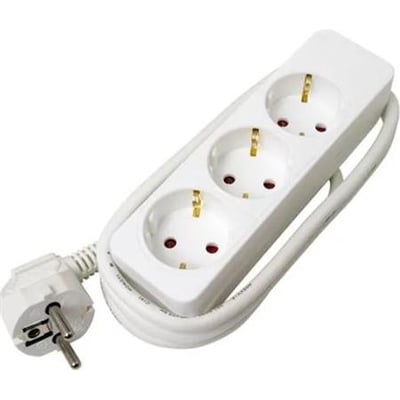 Hvid stikdåse med tre Schuko-udtag og jordforbindelse, 5 meter ledning og hvidt stik.