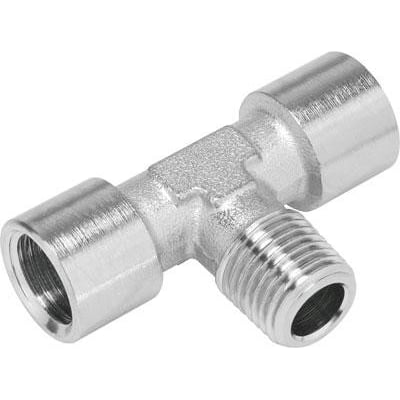 Festo T-forskruning NPFC-T-R38-2G38-MFF af messing og forniklet materiale, med gevind og muffetilslutninger.