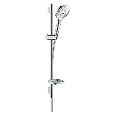 Hansgrohe Raindance Select E120 Eco brusesæt med firkantet krom håndbruser, stang, sæbeskål og slange.
