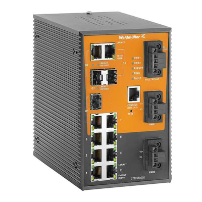 Weidmüller IE-SW-SL10M-7TX-3GC-LV industriel switch med RJ45- og fiberporte, set skråt forfra.