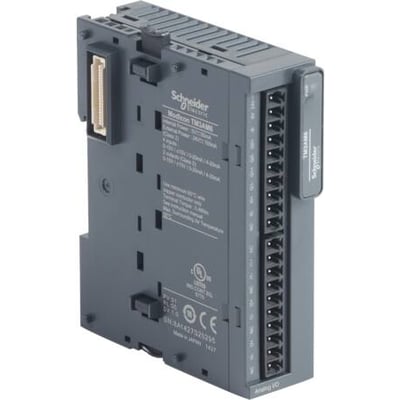 Schneider Electric TM3-modul AI4, AO2 i grå plast med mærkat, der viser 4 analoge indgange og 2 udgange.
