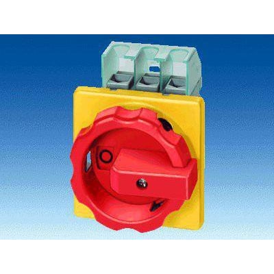 Siemens 4-polet nødafbryder med 25A AC-3 og 400V spænding, vist med rødt drejehåndtag og gul frontplade.