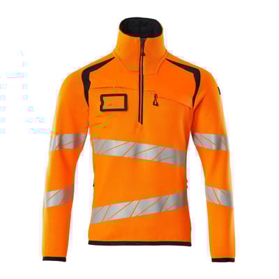 Mascot striktrøje med kort lynlås i hi-vis orange og mørk marine, XL. Striktrøjen har skrå reflekser, høj krave og lynlås i halsen.