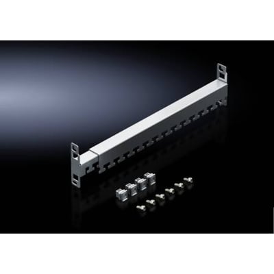 Rittal VX kabelbøjleskinne, dybdejusterbar 325-575 mm, i sølvgrå metal med tilbehør af skruer og beslag.