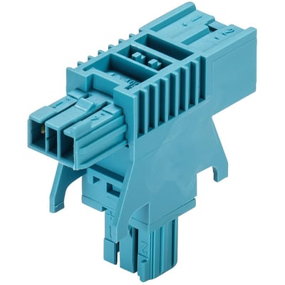 Wieland BST14i2 T-stykke i blå, 2-polet, vist fra siden med stik til venstre og nedad.