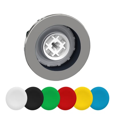 Schneider Electric Flush trykknaphoved ZB4F med metalramme og hvidt monteringshus. Seks farvede trykflader vises forneden.