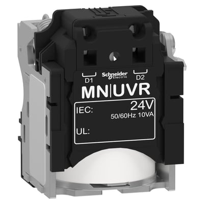 Schneider Electric spole MN|UVR 24V 50/60Hz 10VA, med tydelig branding og specifikationer, monteres i NSX100-630.
