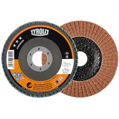 Tyrolit PREMIUM lamelrondel 125 mm korn 120 ses fra siden, med synlige lamelophæng og mærkning samt et baggrundsbillede af en identisk rundel.