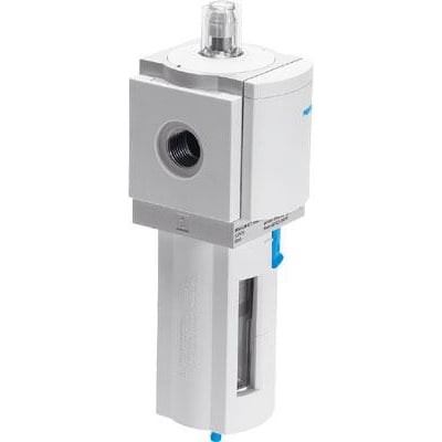 Festo finfilter MS6-LFM-1/2-BRV-DA i hvid plast med synligt trykluftfilterhus og klar top med trykmåler.