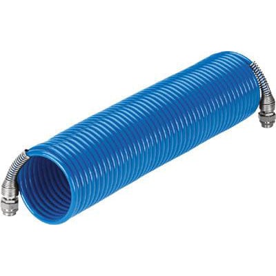 Festo spiralslange PPS-4-7,5-1/4-BL i blå polyamid med 7,5 m længde og 6,3 mm udvendig diameter, med to drejelige fittings.