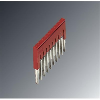 Sidebillede af Phoenix Contact FBS 10-4 rød indlægsbro med 10 poler og 4,2 mm deling på mørkegrå baggrund.