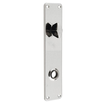 Assa Abloy 5309 langskilt i rustfrit stål med vridergreb og hul til dørgreb, set forfra.