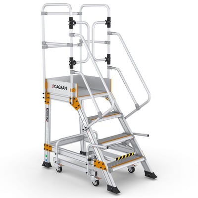 Mobil platformstige Esperon med 3+1 trin i aluminium og orange detaljer, udstyret med hjul og rækværk.