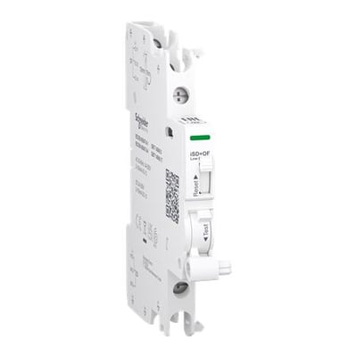 Schneider Electric Acti9 iSD+OF modulær kontakt med 2 OC kontakter, vist fra siden med reset- og testknapper.