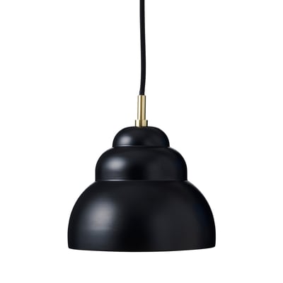 Superliving Bubble pendel i mat sort metal, vist isoleret på hvid baggrund med sort tekstilledning og gylden detalje ved ophænget.