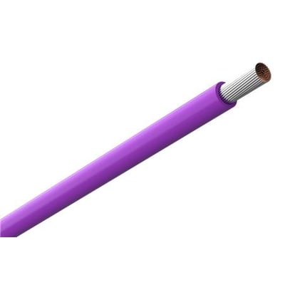 Violet monteringsledning Amokabel Texiline HF90 FT på 1 mm² med synlig flertrådet leder i enden.