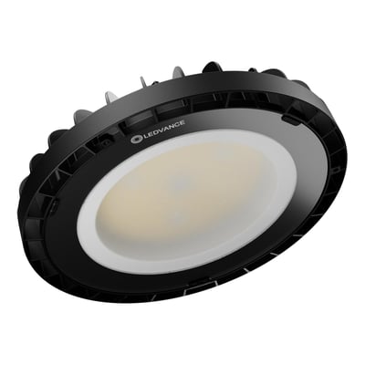 LEDVANCE High Bay Compact LED-armatur med sort, rundt kabinet og hvid lysflade, vist skråt forfra.