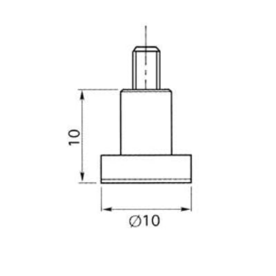 Teknisk tegning af metrisk flad spids i stål, M2,5 x 4,5 mm, med dimensioner angivet som 10 mm i højde og 10 mm i diameter.