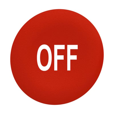 Schneider Electric rød trykflade med hvid "OFF" tekst til Ø30 mm flush trykknaphoveder, isoleret på hvid baggrund.