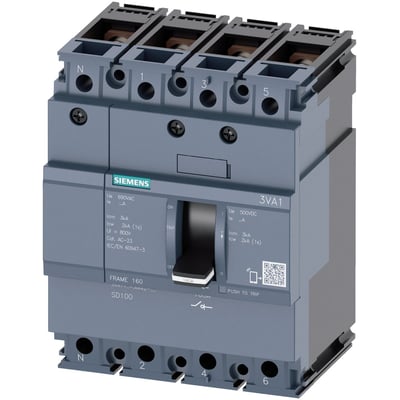 Siemens 3VA1 IEC maksimalafbryder, 4-polet, 63A, byggestørrelse 160, med vippehåndtag og tydelig mærkning af funktioner.