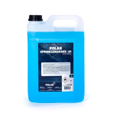 Cab-Dan 5 liters spand med POLAR sprinklervæske -21, klar blå væske med etiket og håndtag.